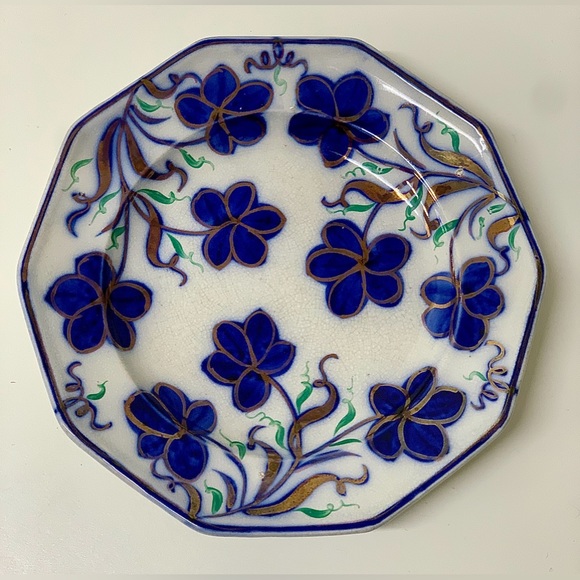 19th Century Vtg Gaudy Ironstone 10 Sided Flow Blue Copper Lusterware Plate - Picture 1 of 15